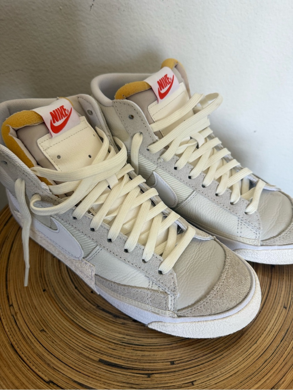 Nike Cream High-Top Sneakers with Yellow Tongue and Red Logo